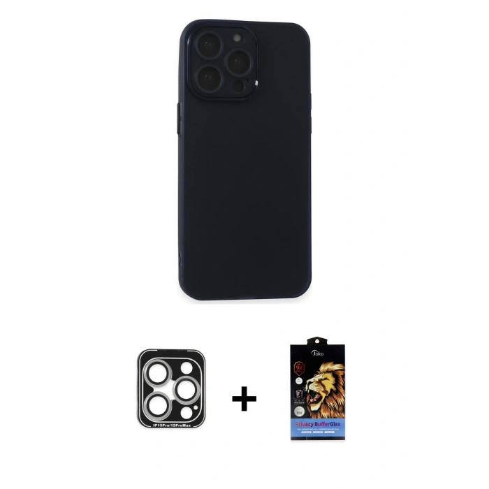 MARSİLYAN™- iPhone 15 Pro Max Kılıf Atlas Minimal Prime - Siyah Buffer Hayalet Cam Ekran Koruyucu + PVD Metal Kamera Lens - GS