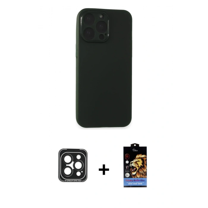 MARSİLYAN™- iPhone 15 Pro Max Kılıf Atlas Minimal Prime - Siyah Buffer Hayalet Cam Ekran Koruyucu + PVD Metal Kamera Lens - SH