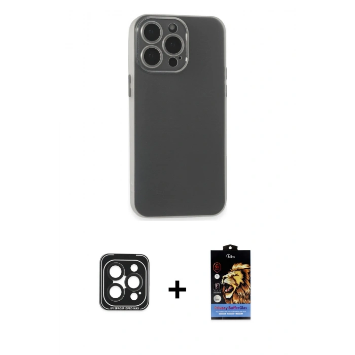 MARSİLYAN™- iPhone 15 Pro Max Kılıf Atlas Minimal Prime - Siyah Buffer Hayalet Cam Ekran Koruyucu + PVD Metal Kamera Lens - SH