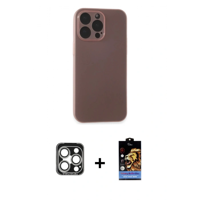 MARSİLYAN™- iPhone 15 Pro Max Kılıf Atlas Minimal Prime - Siyah Buffer Hayalet Cam Ekran Koruyucu + PVD Metal Kamera Lens - GS