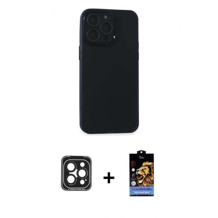 MARSİLYAN™- iPhone 15 Pro Max Kılıf Atlas Minimal Prime - Siyah Buffer Hayalet Cam Ekran Koruyucu + PVD Metal Kamera Lens - SH
