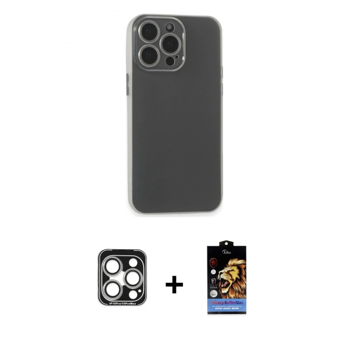 MARSİLYAN™- iPhone 15 Pro Max Kılıf Atlas Minimal Prime - Siyah Buffer Hayalet Cam Ekran Koruyucu + PVD Metal Kamera Lens - GS