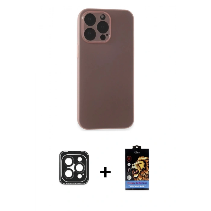 MARSİLYAN™- iPhone 15 Pro Max Kılıf Atlas Minimal Prime - Siyah Buffer Hayalet Cam Ekran Koruyucu + PVD Metal Kamera Lens - SH