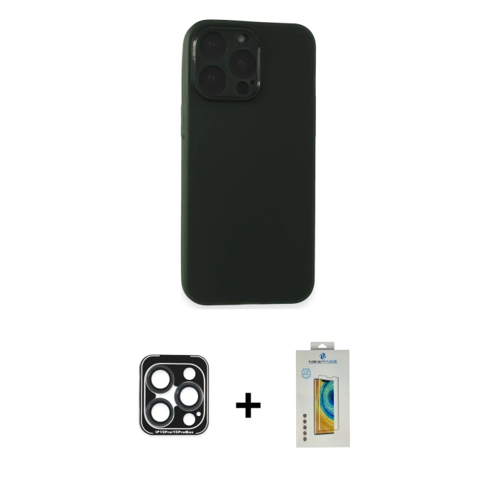 MARSİLYAN™- iPhone 15 Pro Max Kılıf Atlas Minimal Prime - Siyah Polymer Nano Ekran Koruyucu + Lacivert PVD Metal Kamera Lens