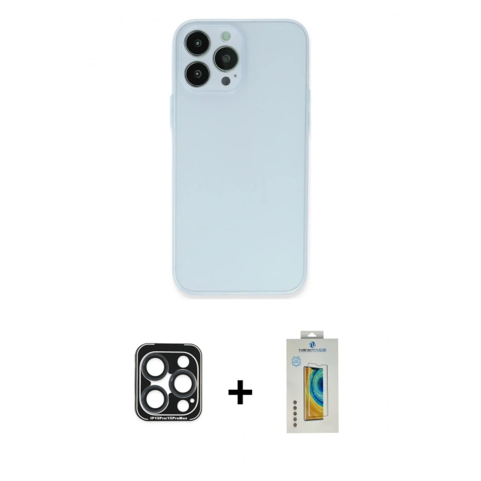 MARSİLYAN™- iPhone 15 Pro Max Kılıf Atlas Minimal Prime - Siyah Polymer Nano Ekran Koruyucu + Lacivert PVD Metal Kamera Lens