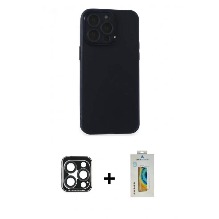 MARSİLYAN™- iPhone 15 Pro Max Kılıf Atlas Minimal Prime - Siyah Polymer Nano Ekran Koruyucu + Lacivert PVD Metal Kamera Lens