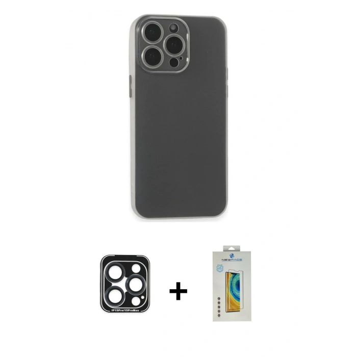 MARSİLYAN™- iPhone 15 Pro Max Kılıf Atlas Minimal Prime - Siyah Polymer Nano Ekran Koruyucu + Lacivert PVD Metal Kamera Lens