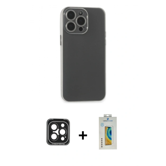 MARSİLYAN™- iPhone 15 Pro Max Kılıf Atlas Minimal Prime - Siyah Polymer Nano Ekran Koruyucu + PVD Metal Kamera Lens - SH
