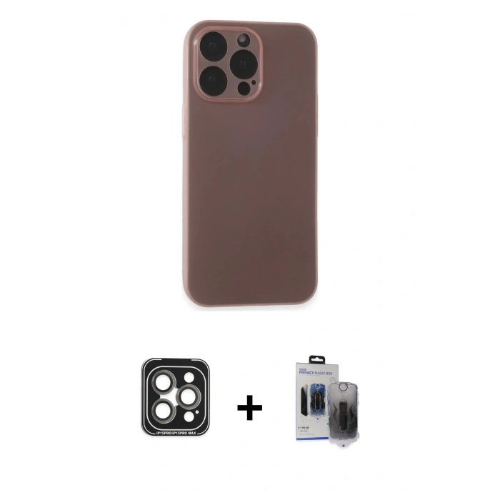 MARSİLYAN™- iPhone 15 Pro Max Kılıf Atlas Minimal Prime - Siyah Vanessa Magic Hayalet Cam + Gri PVD Metal Kamera Lens