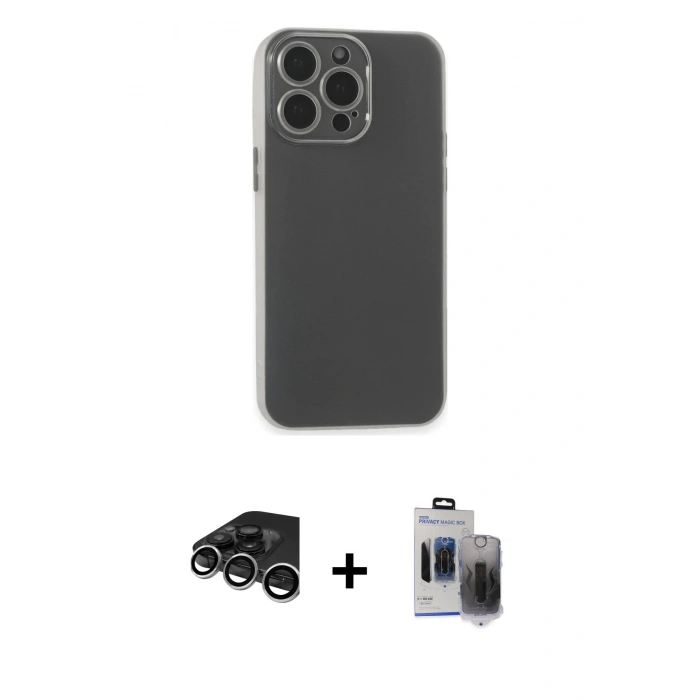 MARSİLYAN™- iPhone 15 Pro Max Kılıf Atlas Minimal Prime - Siyah Vanessa Magic Hayalet Cam + Gümüş Raze Metal Kamera Lens