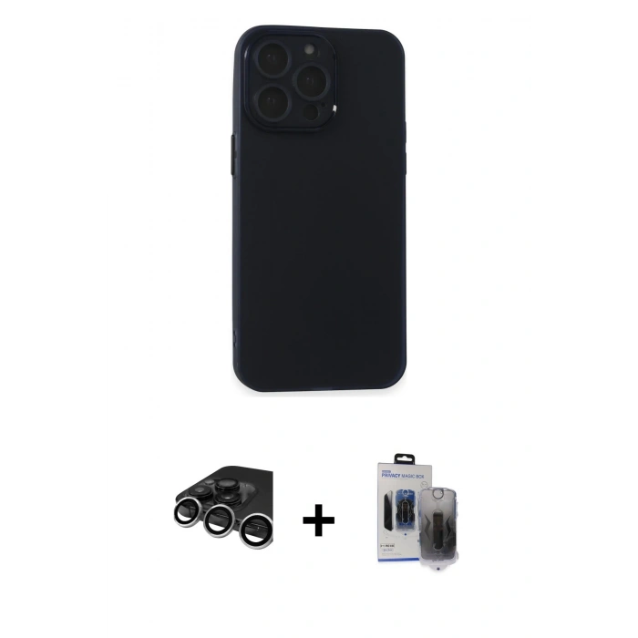 MARSİLYAN™- iPhone 15 Pro Max Kılıf Atlas Minimal Prime - Siyah Vanessa Magic Hayalet Cam + Gümüş Raze Metal Kamera Lens