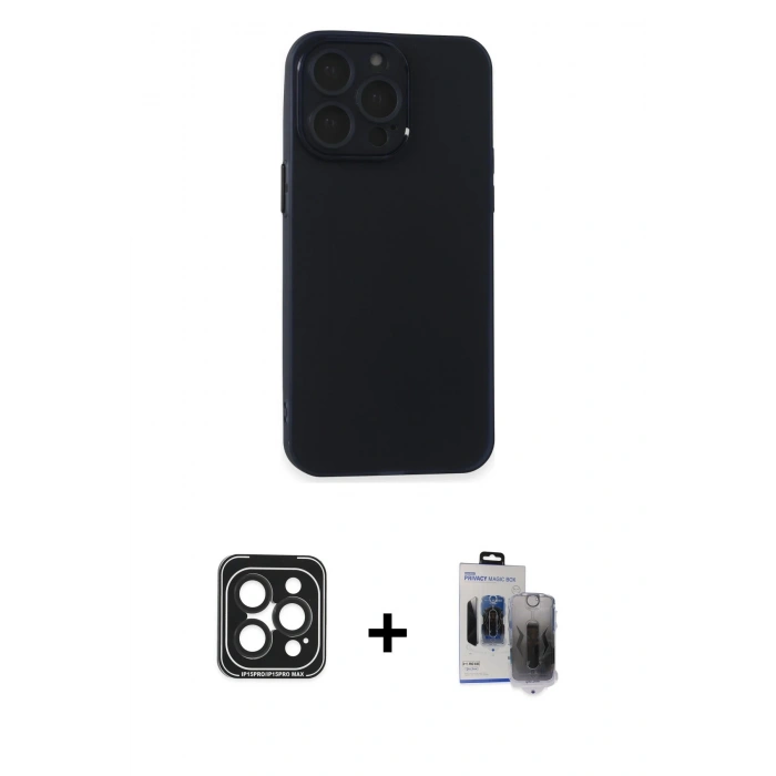 MARSİLYAN™- iPhone 15 Pro Max Kılıf Atlas Minimal Prime - Siyah Vanessa Magic Hayalet Cam + Siyah PVD Metal Kamera Lens