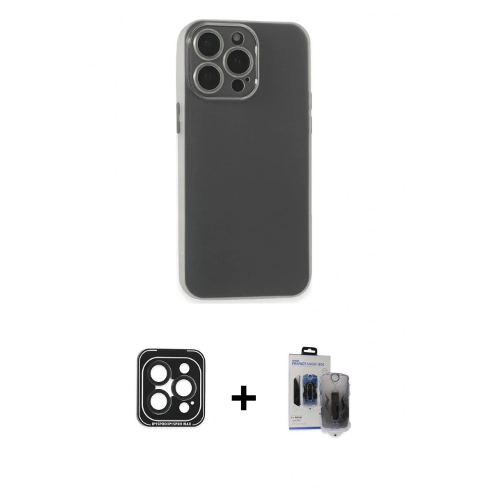 MARSİLYAN™- iPhone 15 Pro Max Kılıf Atlas Minimal Prime - Siyah Vanessa Magic Hayalet Cam + Siyah PVD Metal Kamera Lens