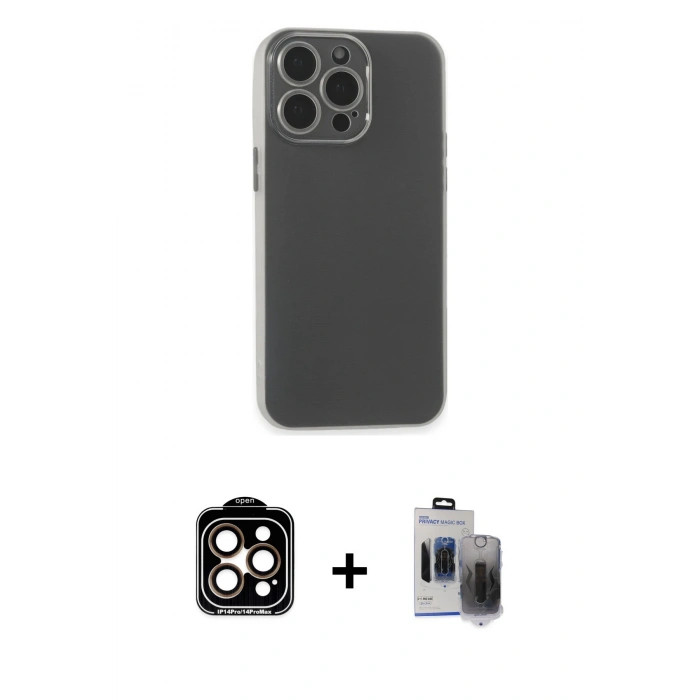 MARSİLYAN™- iPhone 15 Pro Max Kılıf Atlas Minimal Prime - Siyah Vanessa Magic Hayalet Cam + PVD Metal Kamera Lens - TU