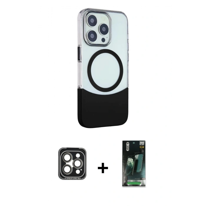 MARSİLYAN™- iPhone 15 Pro Max Kılıf Çekirdek Asil Özel Seri - Şeffaf 360 Full Body Arka Koruyucu + Gri PVD Metal Kamera Lens
