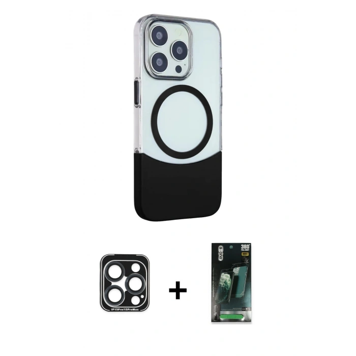 MARSİLYAN™- iPhone 15 Pro Max Kılıf Çekirdek Asil Özel Seri - Şeffaf 360 Full Body Arka Koruyucu + Lacivert PVD Metal Kamera Lens