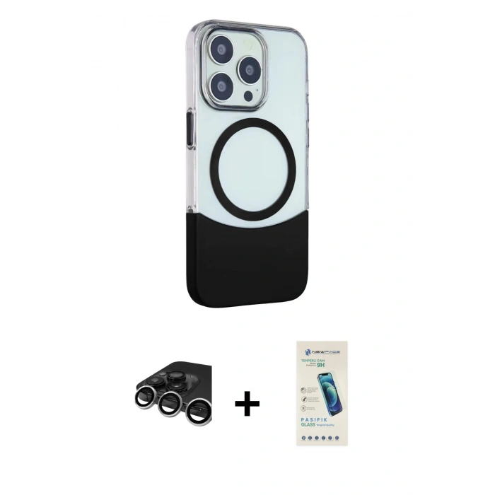 MARSİLYAN™- iPhone 15 Pro Max Kılıf Çekirdek Asil Özel Seri - Şeffaf Pasifik Cam Ekran Koruyucu + Gümüş Raze Metal Kamera Lens