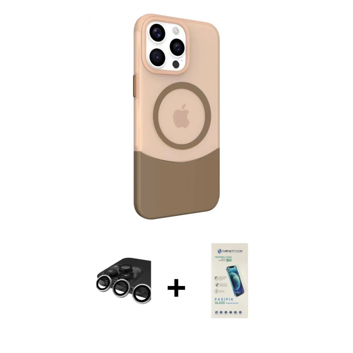 MARSİLYAN™- iPhone 15 Pro Max Kılıf Çekirdek Asil Özel Seri - Şeffaf Pasifik Cam Ekran Koruyucu + Gümüş Raze Metal Kamera Lens