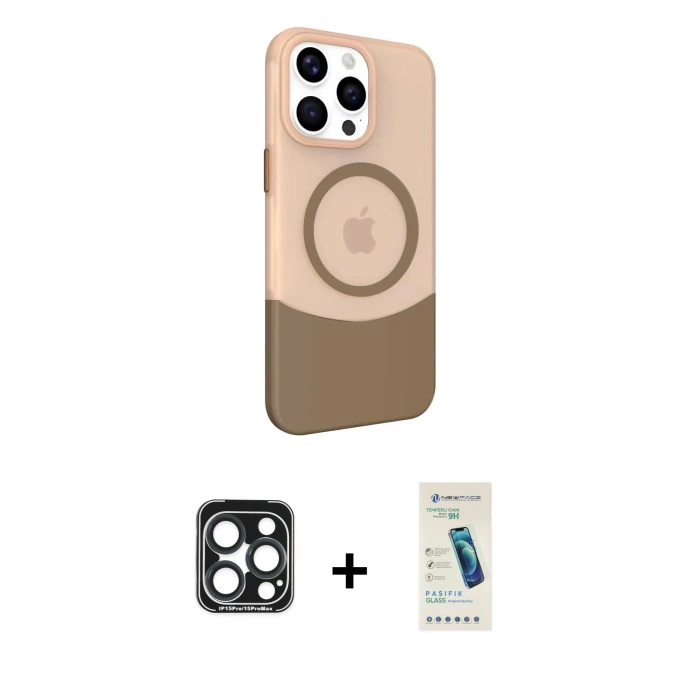 MARSİLYAN™- iPhone 15 Pro Max Kılıf Çekirdek Asil Özel Seri - Şeffaf Pasifik Cam Ekran Koruyucu + PVD Metal Kamera Lens - LT
