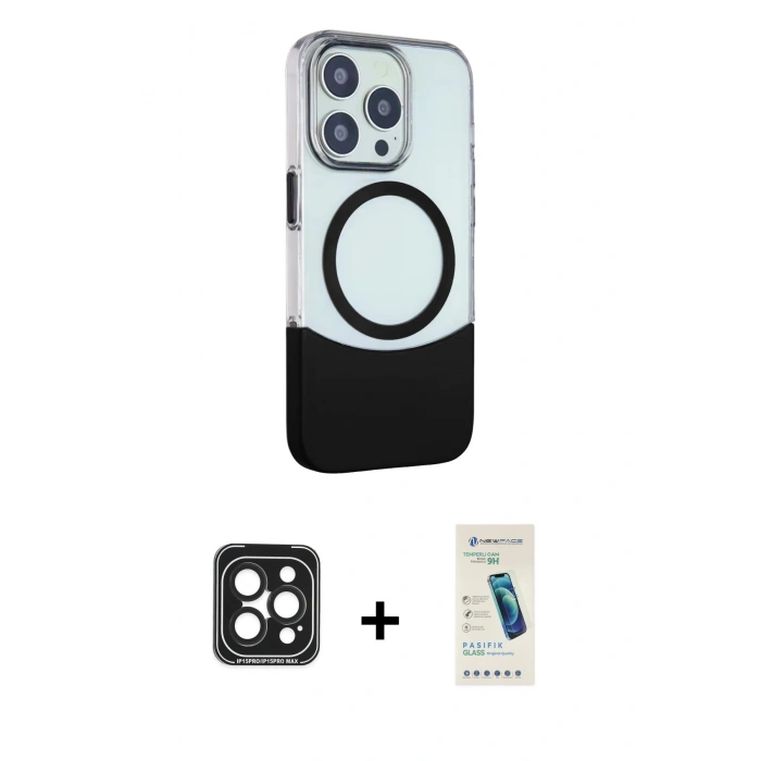 MARSİLYAN™- iPhone 15 Pro Max Kılıf Çekirdek Asil Özel Seri - Şeffaf Pasifik Cam Ekran Koruyucu + PVD Metal Kamera Lens - SH
