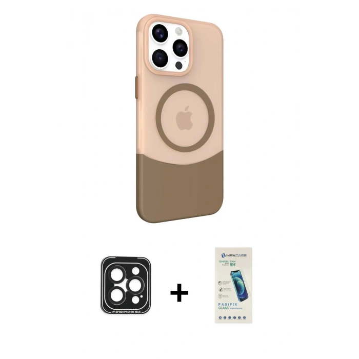MARSİLYAN™- iPhone 15 Pro Max Kılıf Çekirdek Asil Özel Seri - Şeffaf Pasifik Cam Ekran Koruyucu + PVD Metal Kamera Lens - SH