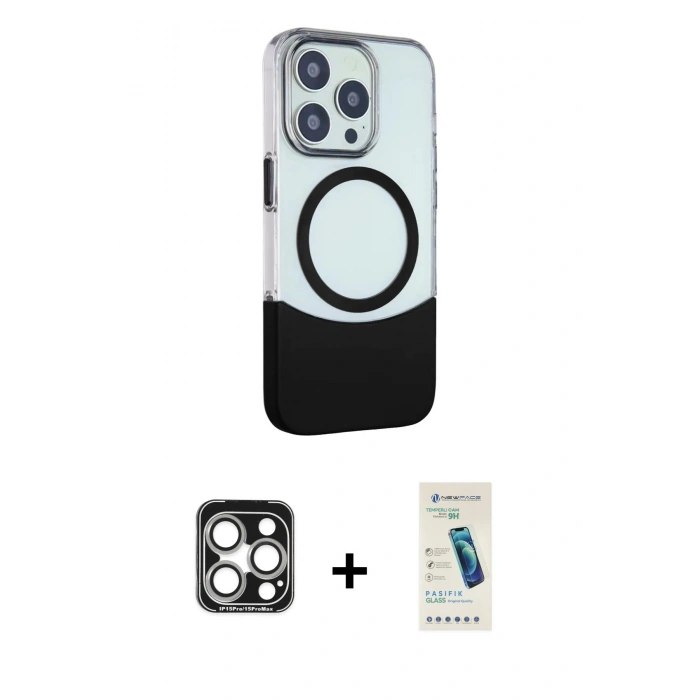 MARSİLYAN™- iPhone 15 Pro Max Kılıf Çekirdek Asil Özel Seri - Şeffaf Pasifik Cam Ekran Koruyucu + PVD Metal Kamera Lens - GS