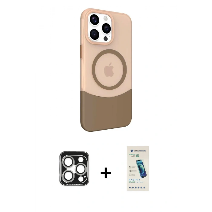 MARSİLYAN™- iPhone 15 Pro Max Kılıf Çekirdek Asil Özel Seri - Şeffaf Pasifik Cam Ekran Koruyucu + PVD Metal Kamera Lens - GS