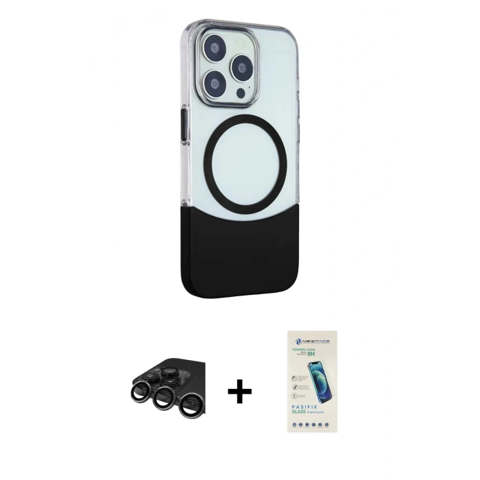 MARSİLYAN™- iPhone 15 Pro Max Kılıf Çekirdek Asil Özel Seri - Şeffaf Pasifik Cam Ekran Koruyucu + Raze Metal Kamera Lens - TMGI