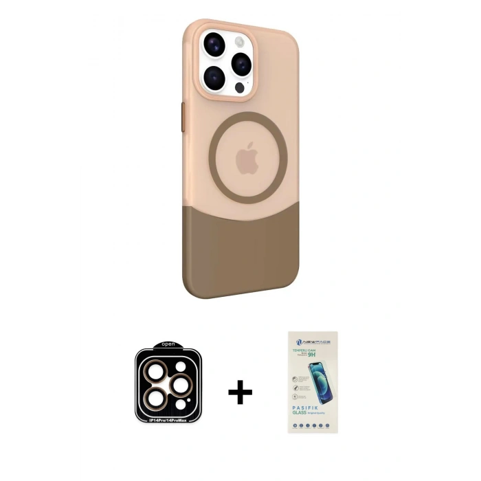MARSİLYAN™- iPhone 15 Pro Max Kılıf Çekirdek Asil Özel Seri - Şeffaf Pasifik Cam Ekran Koruyucu + PVD Metal Kamera Lens - TU