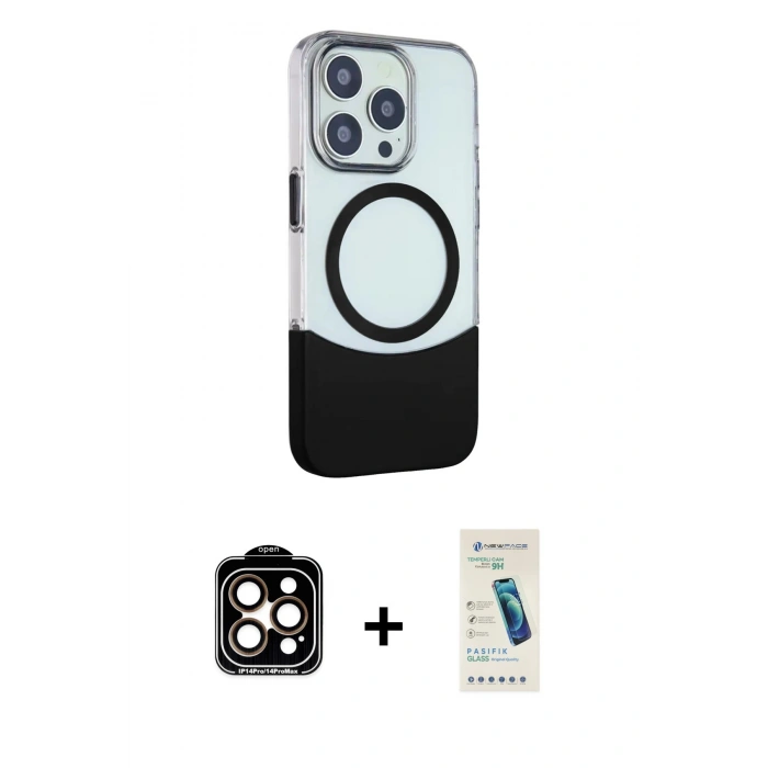 MARSİLYAN™- iPhone 15 Pro Max Kılıf Çekirdek Asil Özel Seri - Şeffaf Pasifik Cam Ekran Koruyucu + PVD Metal Kamera Lens - TU
