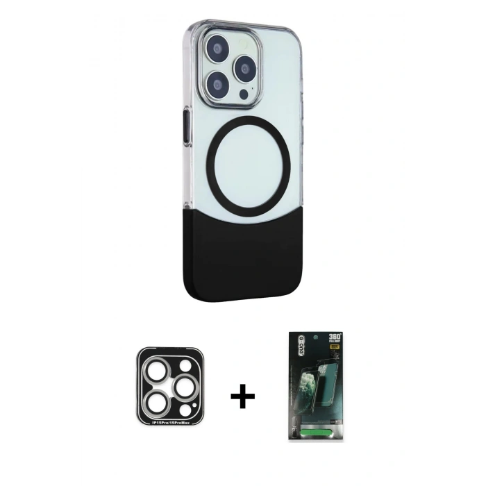 MARSİLYAN™- iPhone 15 Pro Max Kılıf Çekirdek Asil Özel Seri - Siyah 360 Mat Full Body Arka Koruyucu + Gümüş PVD Metal Kamera Lens
