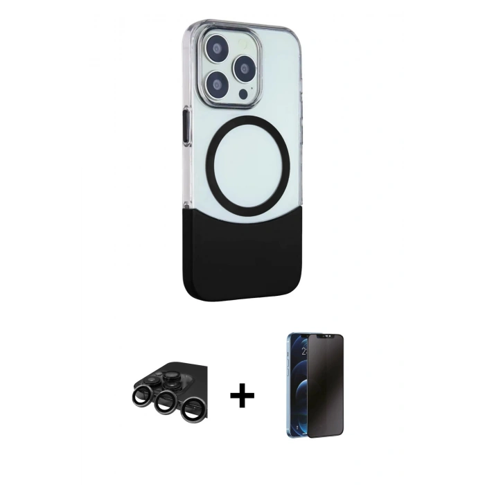 MARSİLYAN™- iPhone 15 Pro Max Kılıf Çekirdek Asil Özel Seri - Siyah 3D Antistatik Hayalet Cam Ekran Koruyucu + Raze Metal Kamera Lens - TMGI