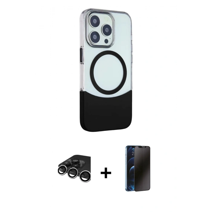 MARSİLYAN™- iPhone 15 Pro Max Kılıf Çekirdek Asil Özel Seri - Siyah 3D Antistatik Hayalet Cam Ekran Koruyucu + Gümüş Raze Metal Kamera Lens