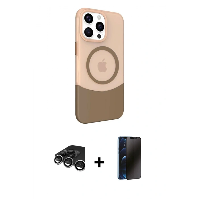 MARSİLYAN™- iPhone 15 Pro Max Kılıf Çekirdek Asil Özel Seri - Siyah 3D Antistatik Hayalet Cam Ekran Koruyucu + Gümüş Raze Metal Kamera Lens