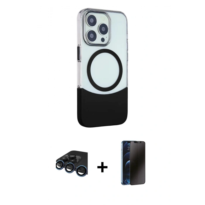 MARSİLYAN™- iPhone 15 Pro Max Kılıf Çekirdek Asil Özel Seri - Siyah 3D Antistatik Hayalet Cam Ekran Koruyucu + Raze Metal Kamera Lens - LT