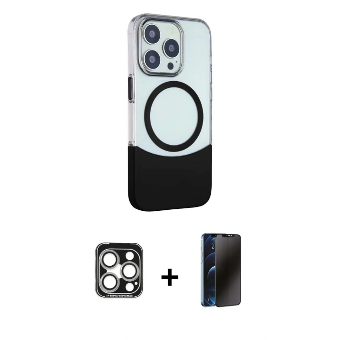 MARSİLYAN™- iPhone 15 Pro Max Kılıf Çekirdek Asil Özel Seri - Siyah 3D Antistatik Hayalet Cam Ekran Koruyucu + PVD Metal Kamera Lens - GS