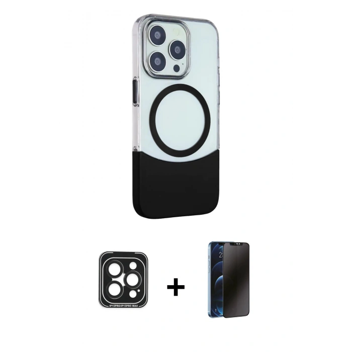 MARSİLYAN™- iPhone 15 Pro Max Kılıf Çekirdek Asil Özel Seri - Siyah 3D Antistatik Hayalet Cam Ekran Koruyucu + PVD Metal Kamera Lens - SH