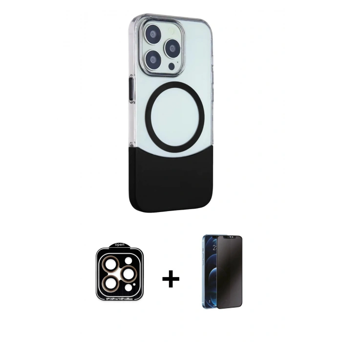 MARSİLYAN™- iPhone 15 Pro Max Kılıf Çekirdek Asil Özel Seri - Siyah 3D Antistatik Hayalet Cam Ekran Koruyucu + PVD Metal Kamera Lens - TU