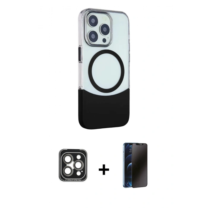 MARSİLYAN™- iPhone 15 Pro Max Kılıf Çekirdek Asil Özel Seri - Siyah 3D Antistatik Hayalet Cam Ekran Koruyucu + Gri PVD Metal Kamera Lens