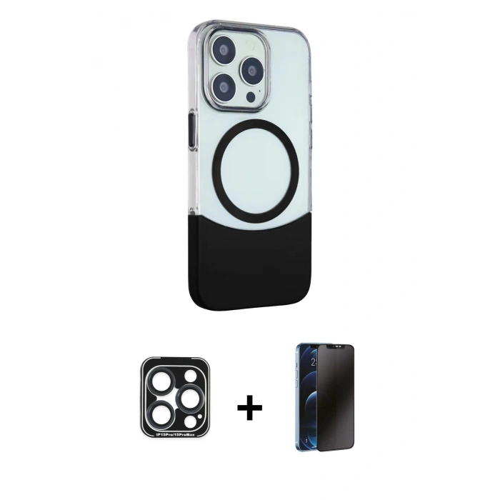 MARSİLYAN™- iPhone 15 Pro Max Kılıf Çekirdek Asil Özel Seri - Siyah 3D Antistatik Hayalet Cam Ekran Koruyucu + PVD Metal Kamera Lens - LT