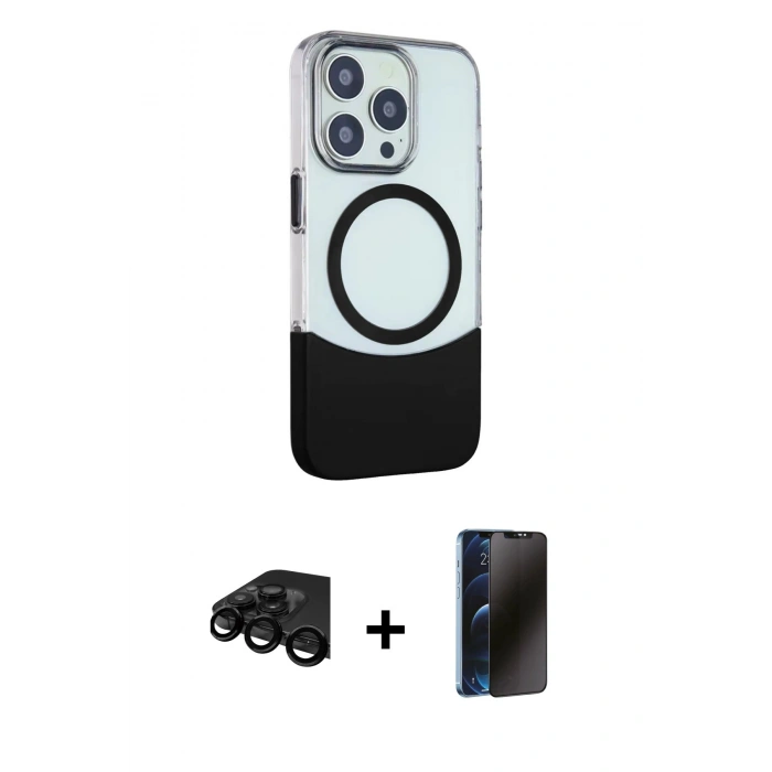 MARSİLYAN™- iPhone 15 Pro Max Kılıf Çekirdek Asil Özel Seri - Siyah 3D Antistatik Hayalet Cam Ekran Koruyucu + Raze Metal Kamera Lens - SH