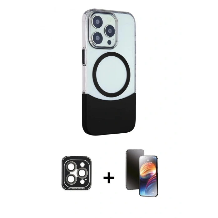 MARSİLYAN™- iPhone 15 Pro Max Kılıf Çekirdek Asil Özel Seri - Siyah 3D Antistatik Mat Seramik Nano Ekran Koruyucu + PVD Metal Kamera Lens - GI