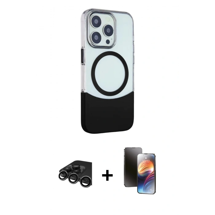 MARSİLYAN™- iPhone 15 Pro Max Kılıf Çekirdek Asil Özel Seri - Siyah 3D Antistatik Mat Seramik Nano Ekran Koruyucu + Titanyum Gri Raze Metal Kamera Lens