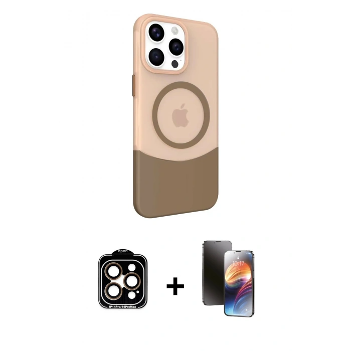 MARSİLYAN™- iPhone 15 Pro Max Kılıf Çekirdek Asil Özel Seri - Siyah 3D Antistatik Mat Seramik Nano Ekran Koruyucu + Turuncu PVD Metal Kamera Lens