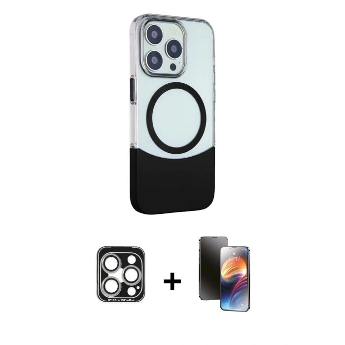 MARSİLYAN™- iPhone 15 Pro Max Kılıf Çekirdek Asil Özel Seri - Siyah 3D Antistatik Mat Seramik Nano Ekran Koruyucu + PVD Metal Kamera Lens - GS