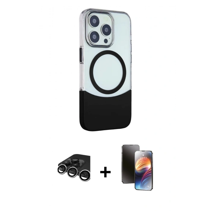 MARSİLYAN™- iPhone 15 Pro Max Kılıf Çekirdek Asil Özel Seri - Siyah 3D Antistatik Mat Seramik Nano Ekran Koruyucu + Raze Metal Kamera Lens - GS
