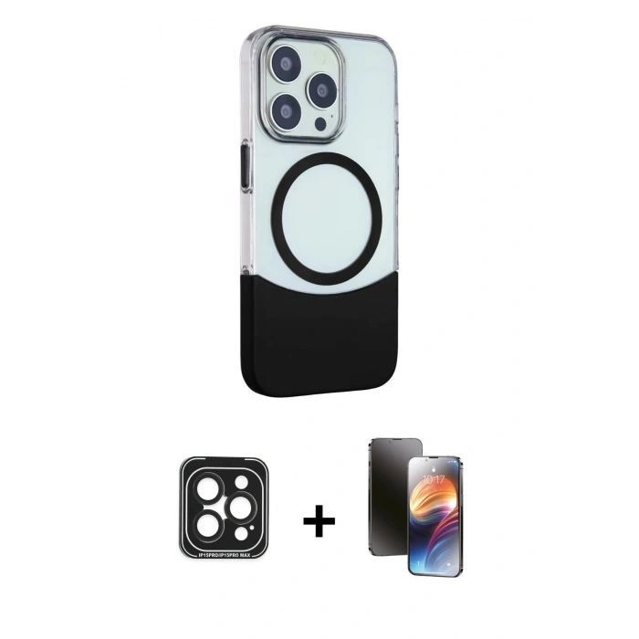 MARSİLYAN™- iPhone 15 Pro Max Kılıf Çekirdek Asil Özel Seri - Siyah 3D Antistatik Mat Seramik Nano Ekran Koruyucu + PVD Metal Kamera Lens - SH