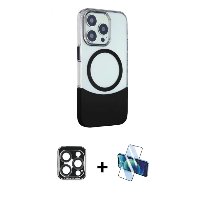 MARSİLYAN™- iPhone 15 Pro Max Kılıf Çekirdek Asil Özel Seri - Siyah 3D Antistatik Seramik Nano Ekran Koruyucu + PVD Metal Kamera Lens - LT
