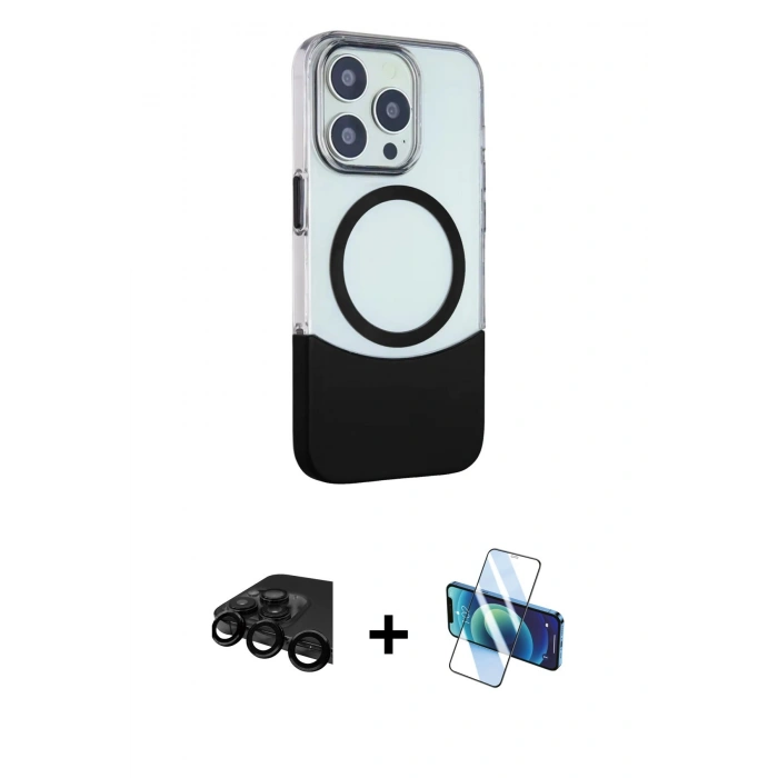 MARSİLYAN™- iPhone 15 Pro Max Kılıf Çekirdek Asil Özel Seri - Siyah 3D Antistatik Seramik Nano Ekran Koruyucu + Raze Metal Kamera Lens - SH