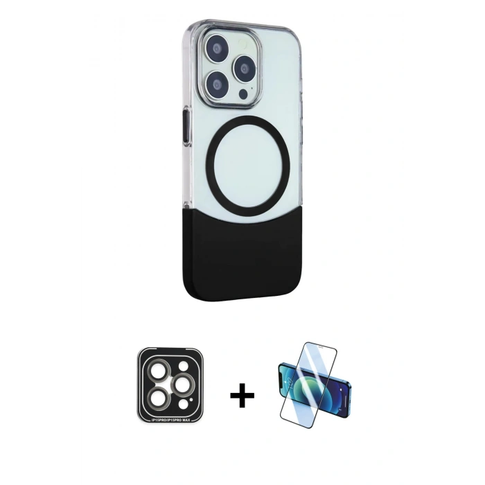 MARSİLYAN™- iPhone 15 Pro Max Kılıf Çekirdek Asil Özel Seri - Siyah 3D Antistatik Seramik Nano Ekran Koruyucu + PVD Metal Kamera Lens - GI